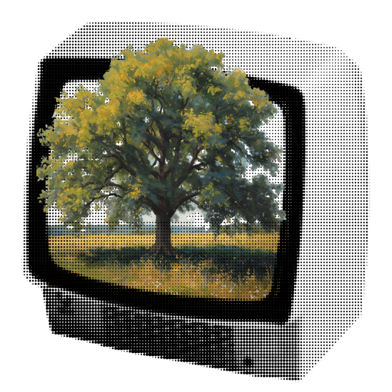 oil painting of a tree emerging from a retro TV